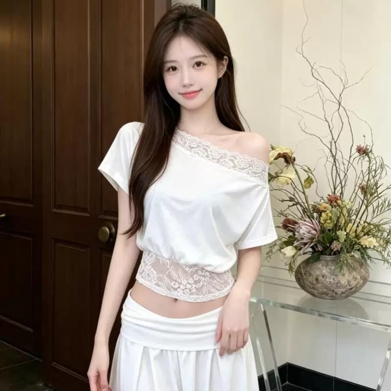 260 그램 사람들 면 순수한 욕망 바람 레이스 조각 비스듬한 어깨 허리 수축 반팔 티셔츠 맨위 여성 여름 새로운 허리 수축 슬림해 보이는 이미지 5