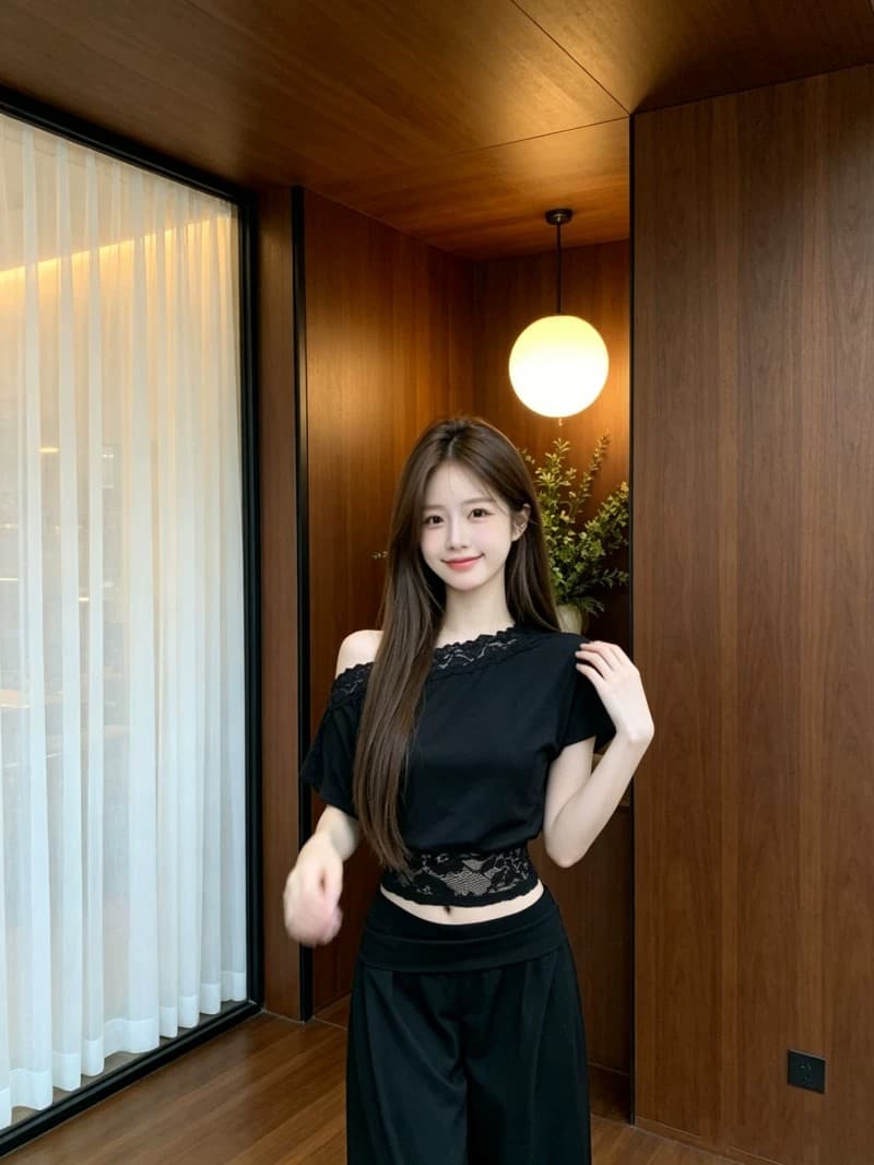 260 그램 사람들 면 순수한 욕망 바람 레이스 조각 비스듬한 어깨 허리 수축 반팔 티셔츠 맨위 여성 여름 새로운 허리 수축 슬림해 보이는 상세 이미지 5