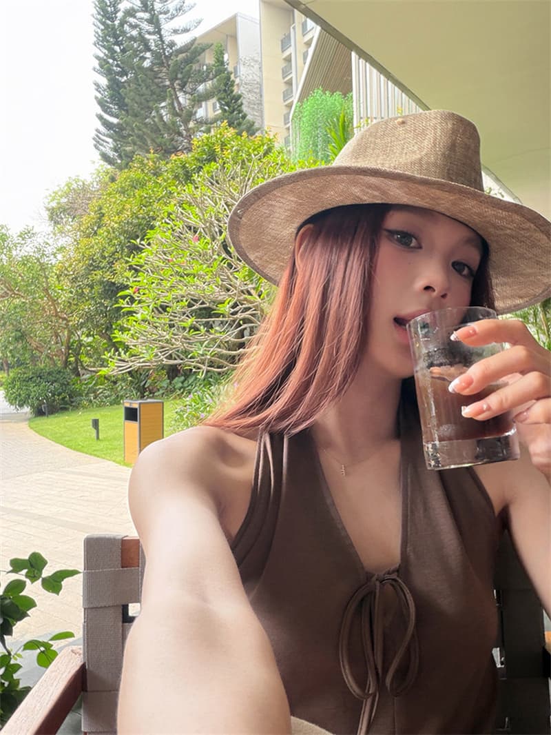 원본 것 사람들 면 V넥 레이스업 캐미솔 여름 편안함 외출용 오프숄더 행침 목 맨위 상세 이미지 35