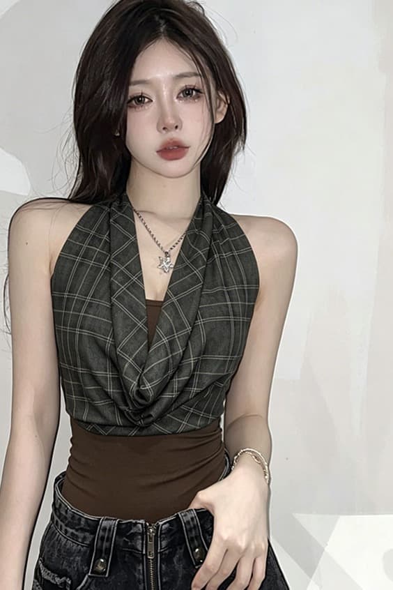 레트로 핫걸 바람 체크무늬 패치워크 행침 목 흔들다 칼라 조끼 여성 여름 슬림해 보이는 민소매 슬립 쇼트 스타일 맨위 이미지 6