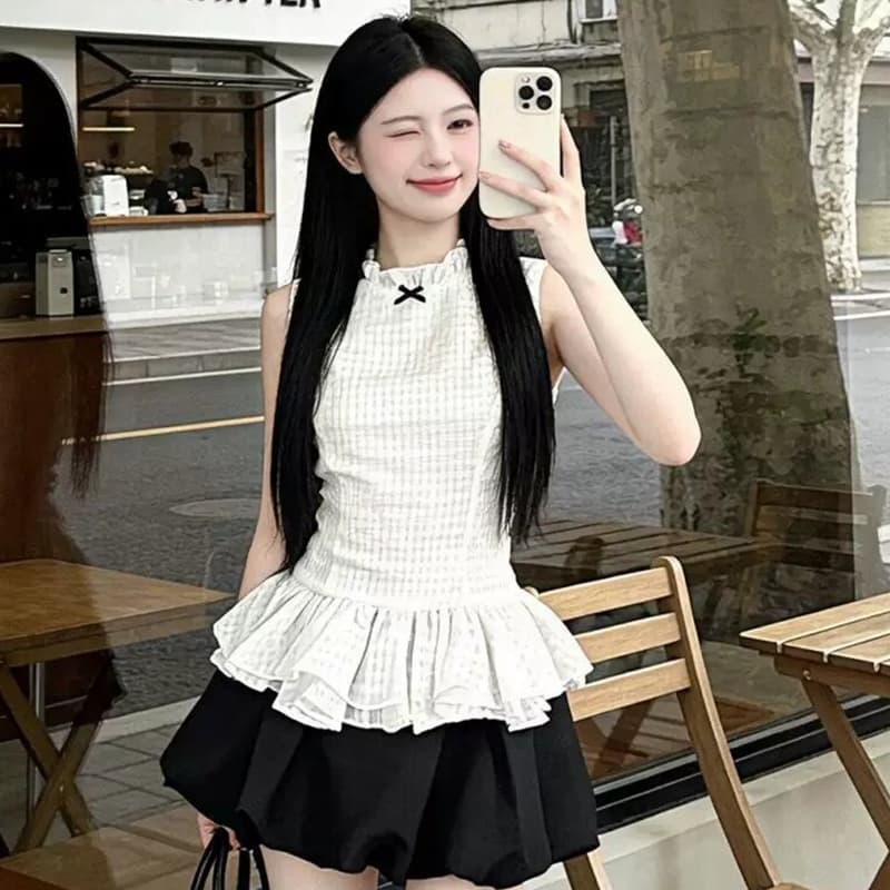 원본 것 한 부서 품격 민소매 체크무늬 맨위 달콤함 소녀 센스 꽃밭 치마 반신 미니 스커트 투피스 세트 이미지 4