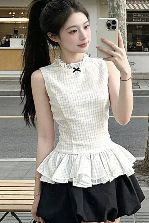 원본 것 한 부서 품격 민소매 체크무늬 맨위 달콤함 소녀 센스 꽃밭 치마 반신 미니 스커트 투피스 세트 이미지 6