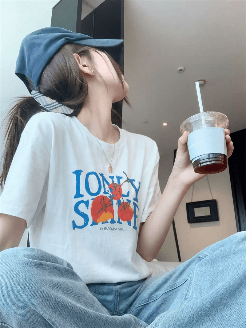 21 순면 210 그램 이후 패키지 칼라 여름 드레스 한 부서 반팔 티셔츠 여성 한국 스타일 루즈핏 빅 사이즈 프린트 이미지 3