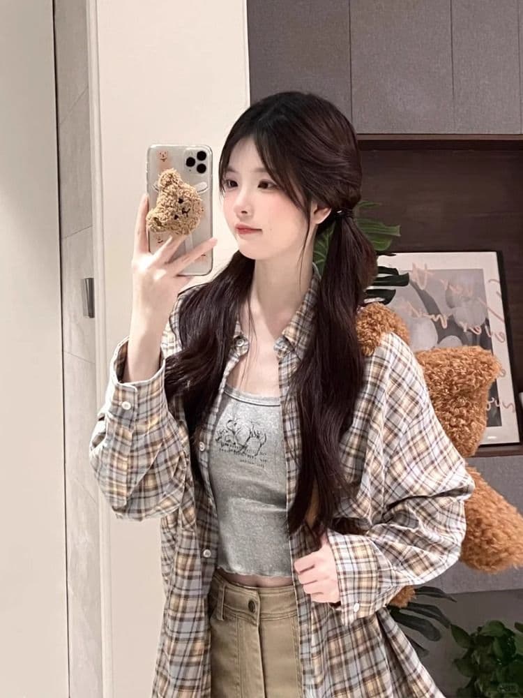 원본 원단 레트로 체크무늬 여성 셔츠 여름 디자인 센스 작은 대중 루즈핏 캐주얼 긴팔 자외선 차단 맨위 재킷 상세 이미지 7