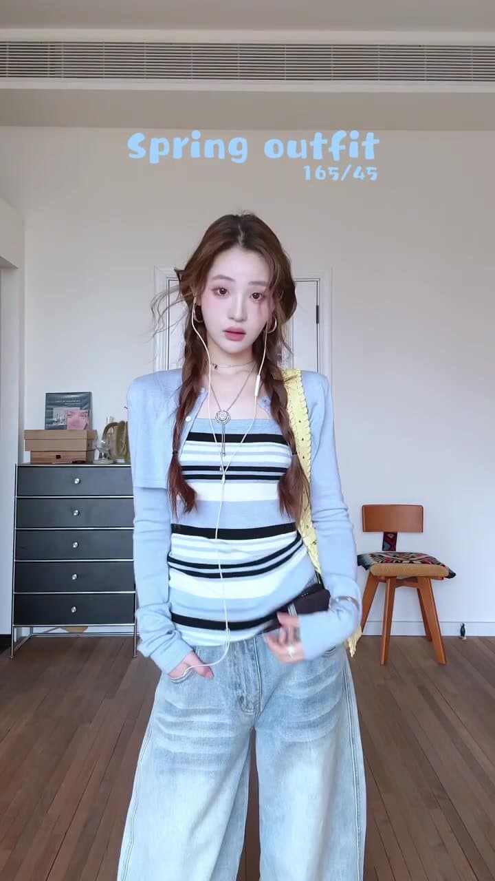 한 부서 디자인 캐주얼 세트 긍정적 인 어깨 어깨 긴팔 블라우스 인사이드 가져 가라. 스트라이프 니트 슬립 두 조각 여성 세트 상세 이미지 3