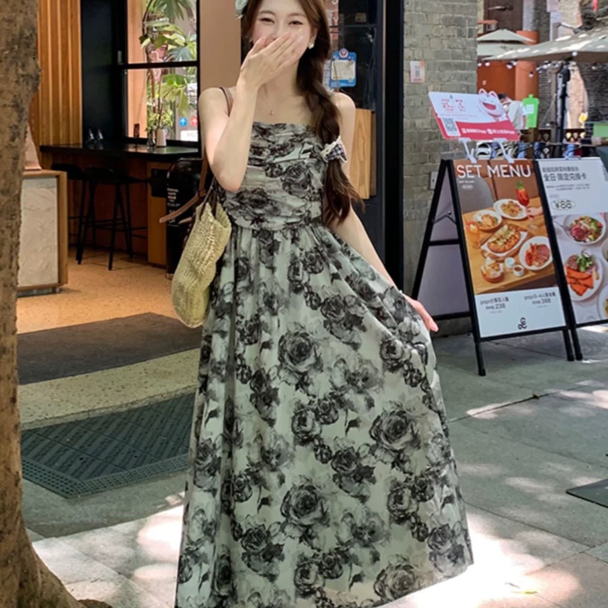 수묵화 장미 슬립 여성 드레스 여름 2026 새로운 Chic 달콤한 매운맛 중간 길이 치마 오픈 가디건 투피스 세트 이미지 5