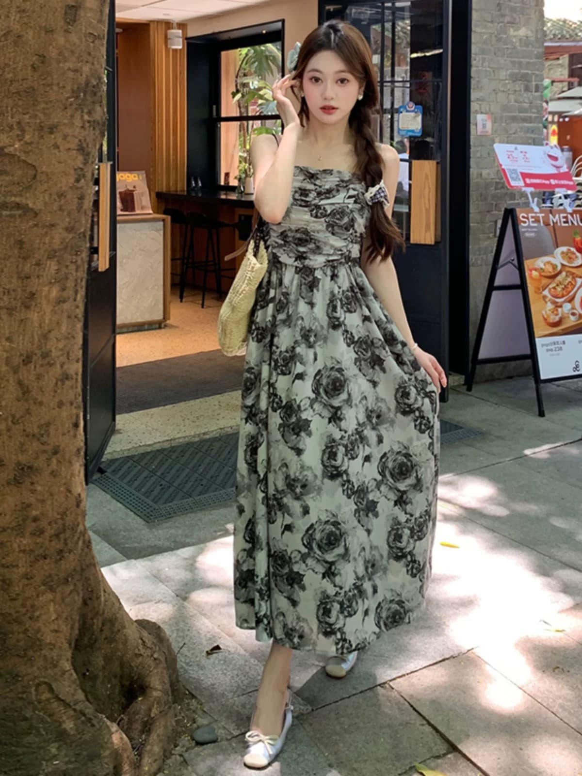 수묵화 장미 슬립 여성 드레스 여름 2026 새로운 Chic 달콤한 매운맛 중간 길이 치마 오픈 가디건 투피스 세트 상세 이미지 4