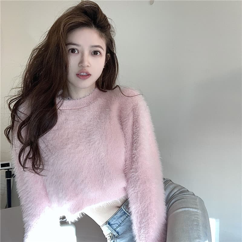 디자인 센스 작은 대중 모방 밍크 플리스 부드러운 찹쌀 찹쌀 스웨터 여자 가을 겨울 부드러운 바람 쇼트 스타일 긴팔 니트 스웨터 맨위 트렌디 상세 이미지 11