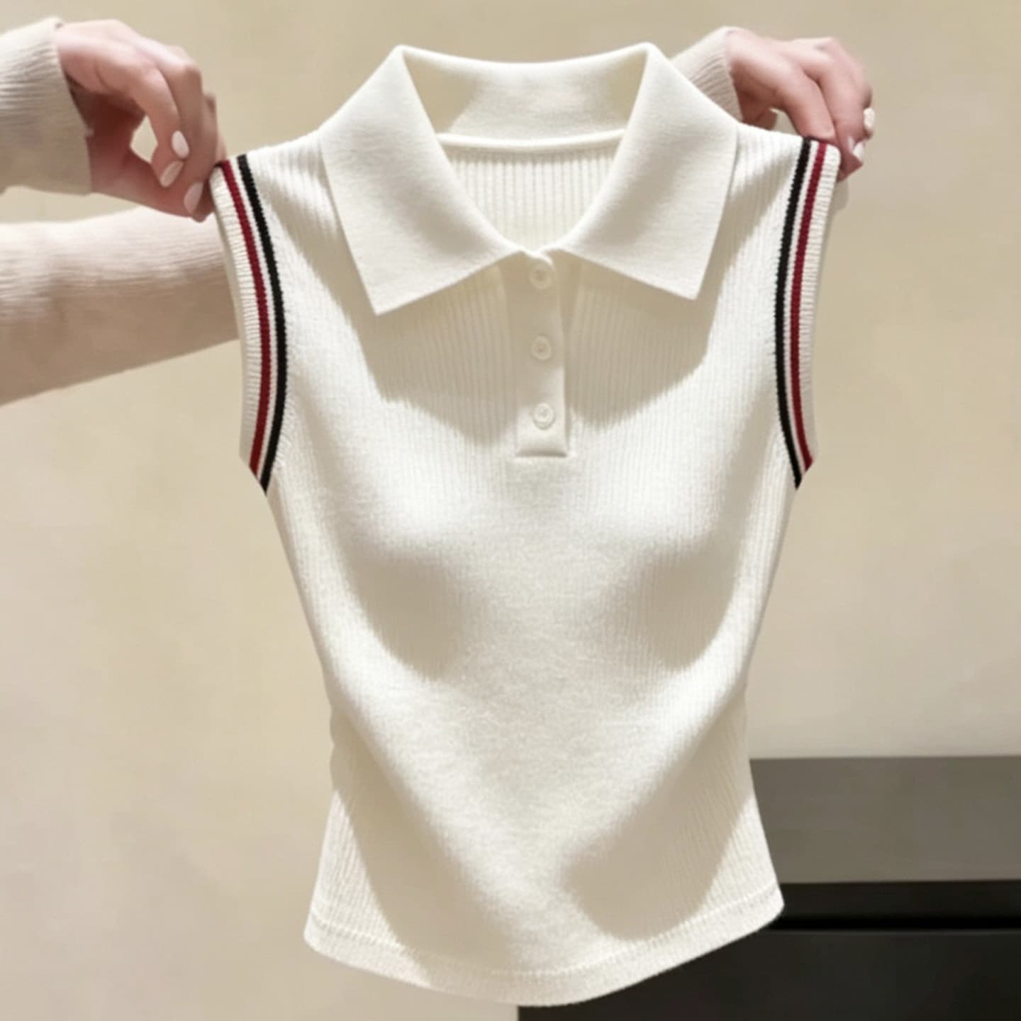 프랑스식 출퇴근 바람 베이지 색 POLO 칼라 니트 조끼 슬립 여성 여름 새로운 외국 가스 다용도 몸매 가꾸기 맨위