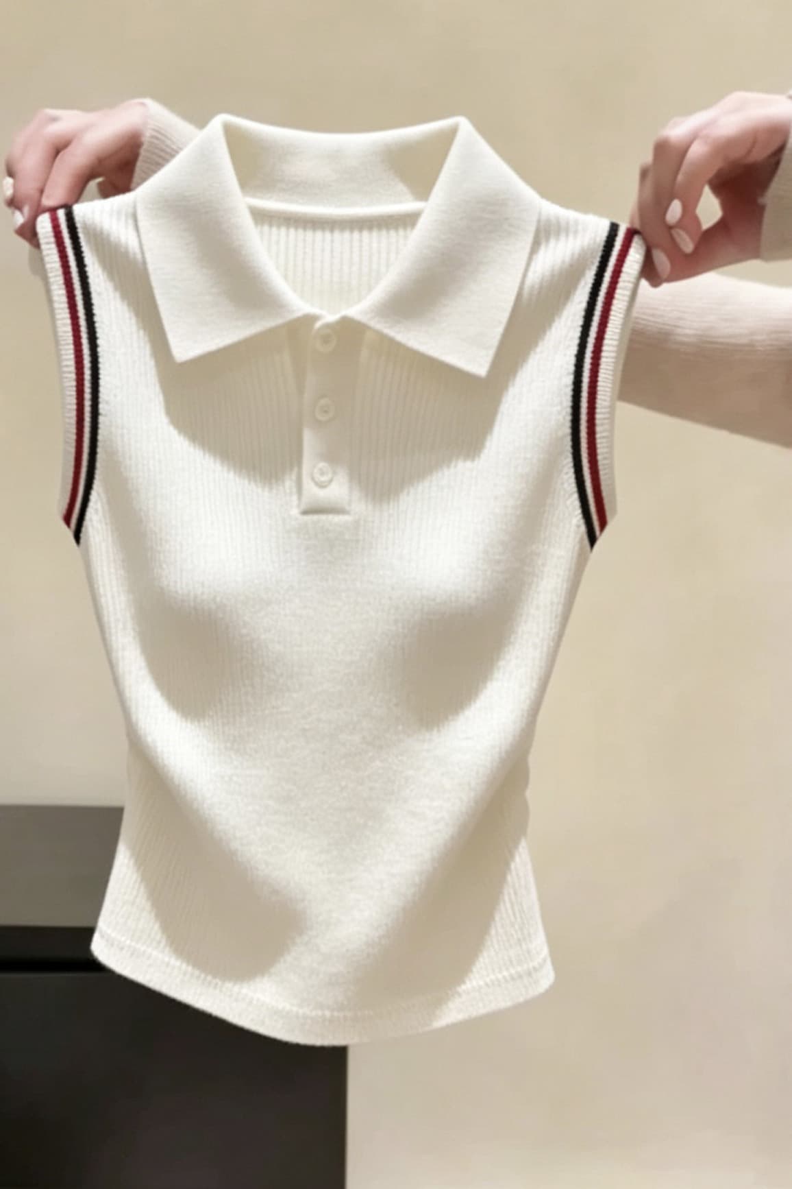 프랑스식 출퇴근 바람 베이지 색 POLO 칼라 니트 조끼 슬립 여성 여름 새로운 외국 가스 다용도 몸매 가꾸기 맨위 이미지 6