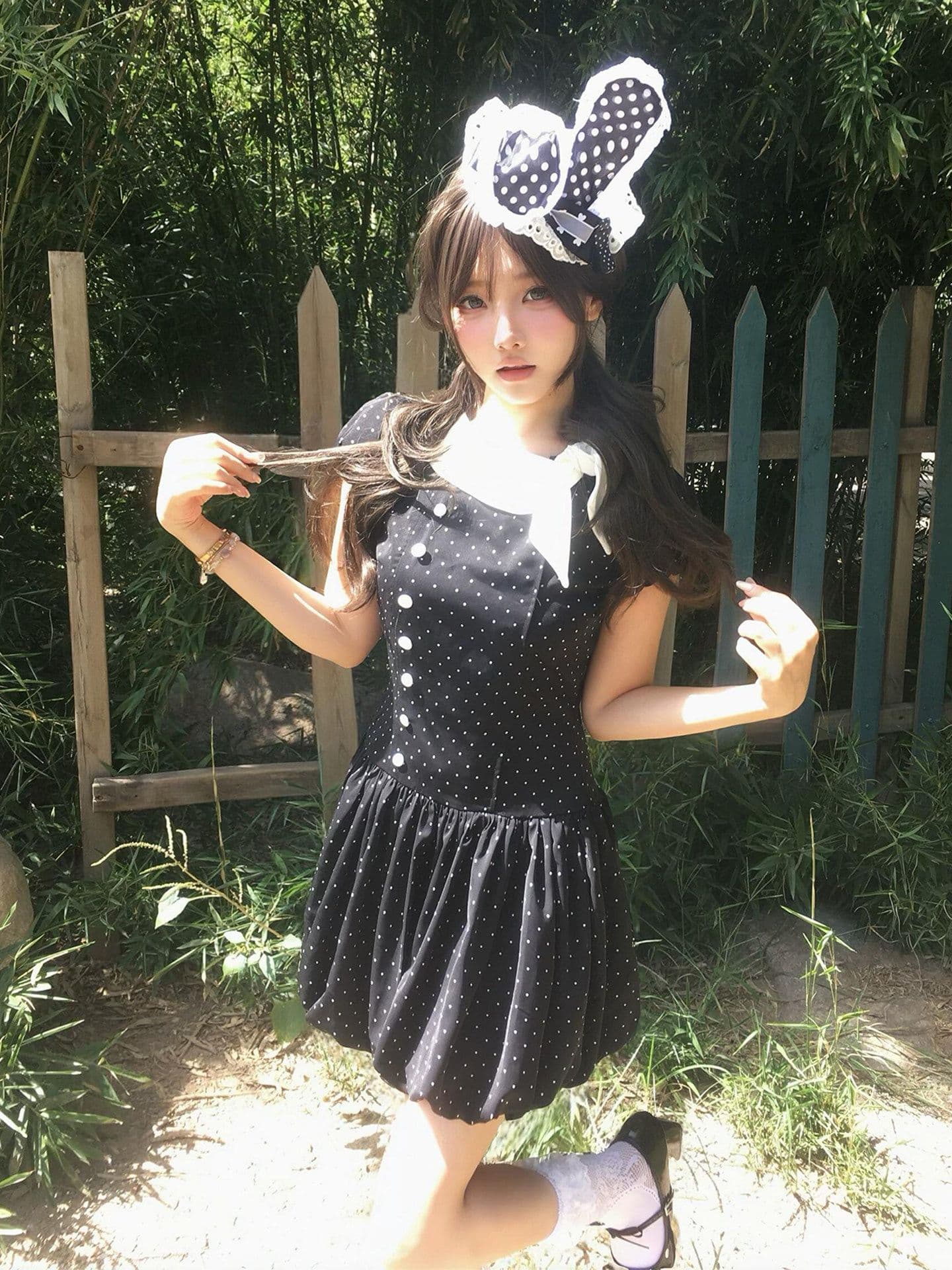 천 금빛 바람 나비 매듭 도트 무늬 여성 드레스 여름 레트로 작은 키 허리 수축 슬림해 보이는 품격 퍼프 짧은 치마 상세 이미지 2