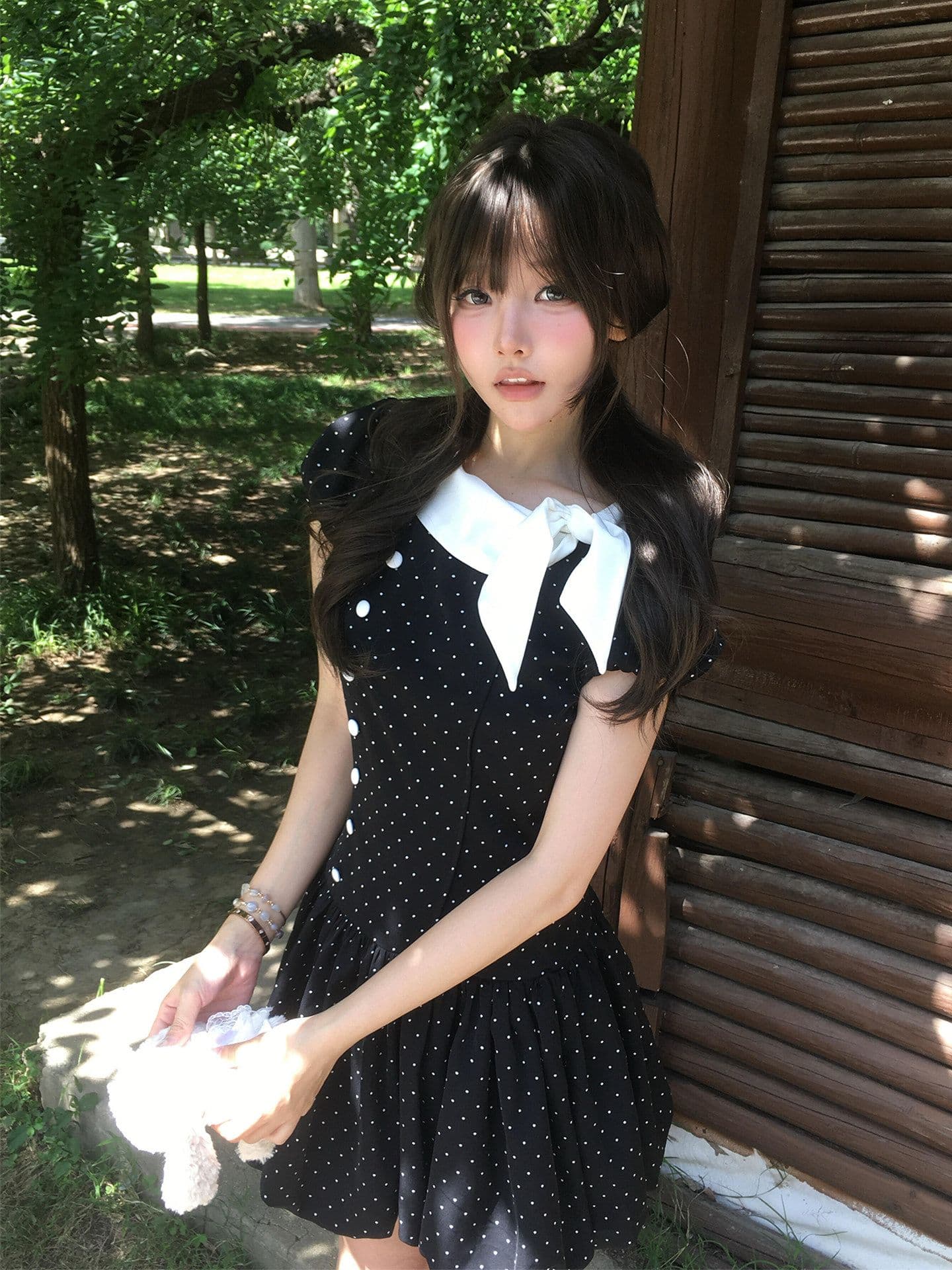 천 금빛 바람 나비 매듭 도트 무늬 여성 드레스 여름 레트로 작은 키 허리 수축 슬림해 보이는 품격 퍼프 짧은 치마 상세 이미지 8