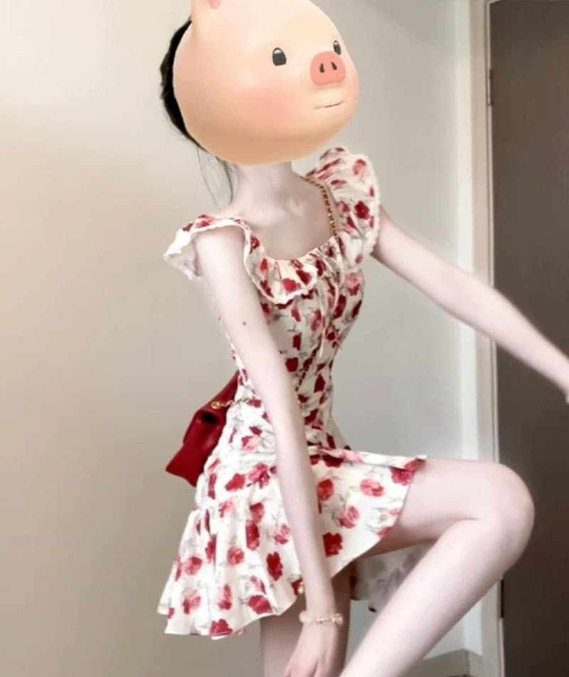 프랑스식 달콤한 스타일 작은 날다 소매 꽃무늬 여름 허리 수축 슬림해 보이는 품격 치마 자이언트 잘 생긴 드레스 소녀 섹션 치마 이미지 2