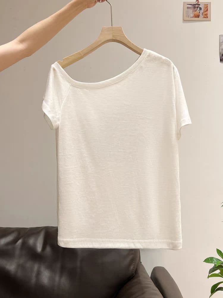 40 순면 220 그램 92 면 8 암모니아 Lun 비스듬한 칼라 오프숄더 오프숄더 반팔 티셔츠 여성 프린트 상세 이미지 5