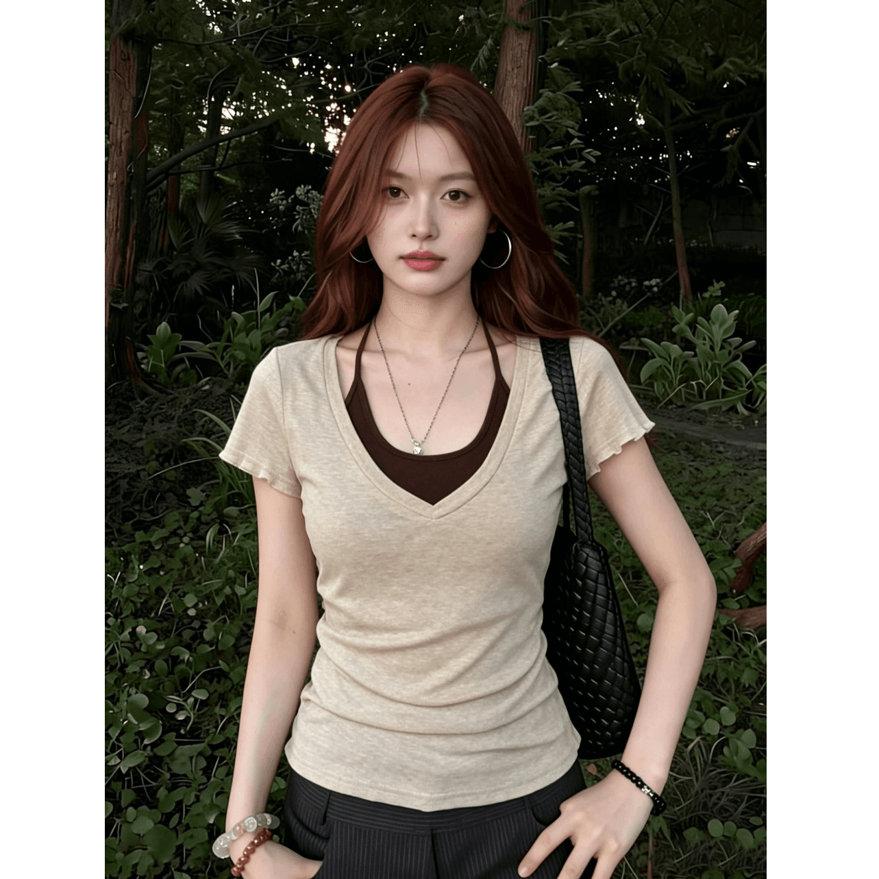 한 부서 페이크 레이어드 반팔 티셔츠 여성 여름 V넥 몸매 가꾸기 디자인 센스 작은 대중 출퇴근 바람 맨위 이미지 5