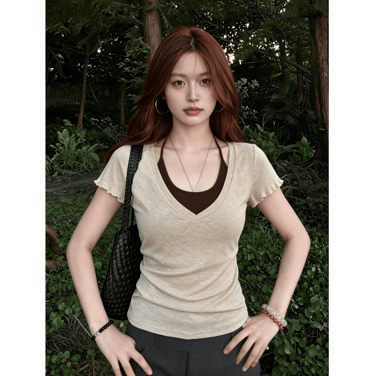 한 부서 페이크 레이어드 반팔 티셔츠 여성 여름 V넥 몸매 가꾸기 디자인 센스 작은 대중 출퇴근 바람 맨위 이미지 3