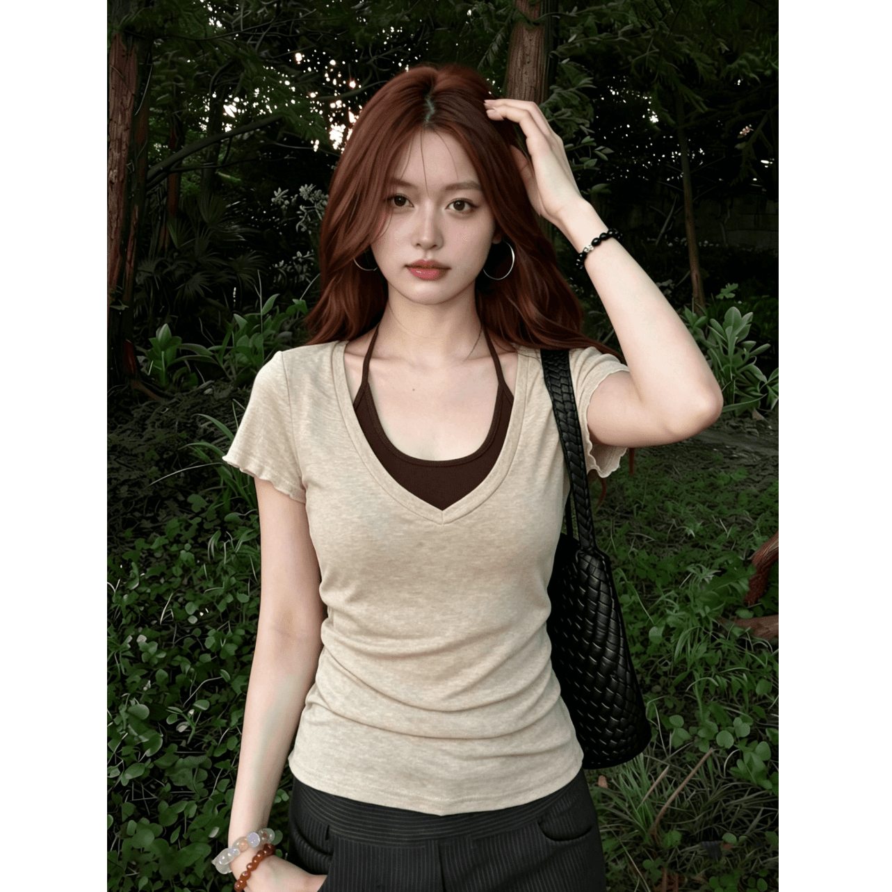 한 부서 페이크 레이어드 반팔 티셔츠 여성 여름 V넥 몸매 가꾸기 디자인 센스 작은 대중 출퇴근 바람 맨위 이미지 4