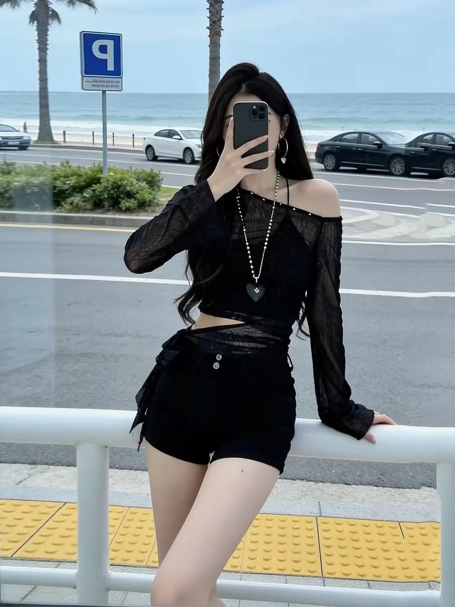 2026 순수한 욕망 핫걸 슈퍼 화재 연령 감소 여름 새로운 여성 의류 절묘한 착용 가져 가라. 자외선 차단 블라우스 비스듬한 칼라 오프숄더 맨위 상세 이미지 2
