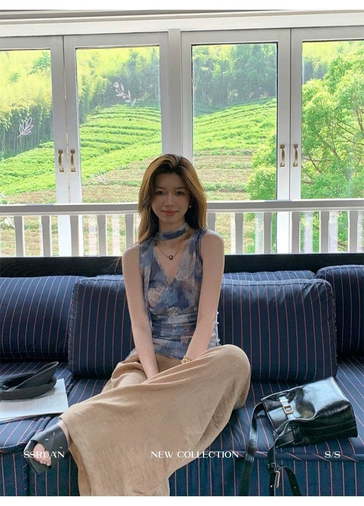 블루 색 후광 염색 프린트 V넥 리본 조끼 여성 민소매 허리 수축 아름다운 슬립 자이언트 잘 생긴 Chic 맨위 여름 상세 이미지 10