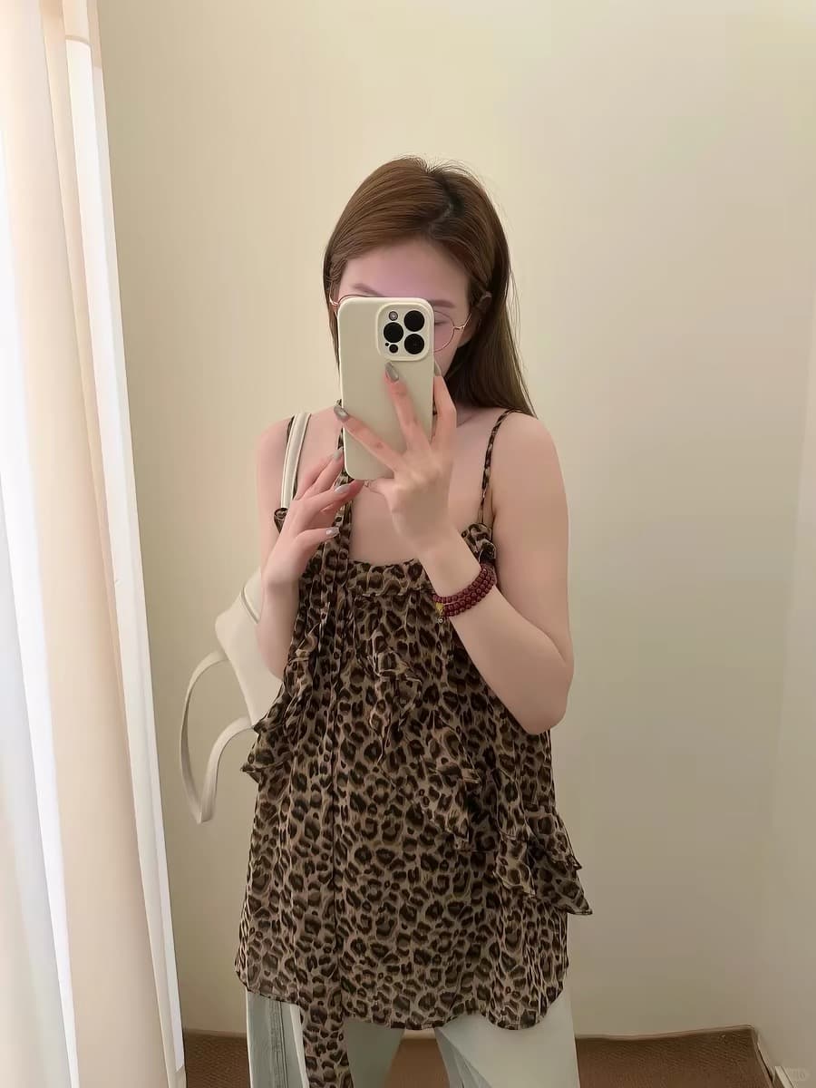원본 쉬폰 천 네리 세련된 빛 ~을 통해 의류 여성 레오파드 무늬 프린트 캐미솔 여름 외출용 맨위 여성 상세 이미지 5