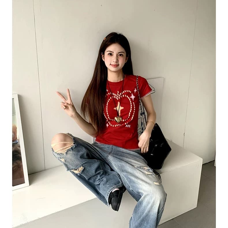 한 부서 고급 센스 학원 스타일 초승달 모양의 자수 공예 아메리칸 빨간색 창의성 프린트 반팔 티셔츠 여성 여름 맨위 이미지 3