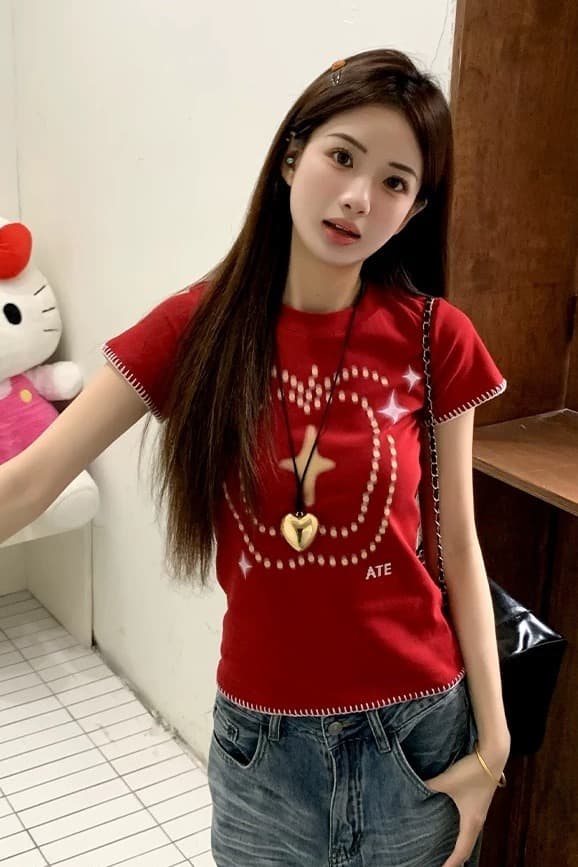한 부서 고급 센스 학원 스타일 초승달 모양의 자수 공예 아메리칸 빨간색 창의성 프린트 반팔 티셔츠 여성 여름 맨위 이미지 6