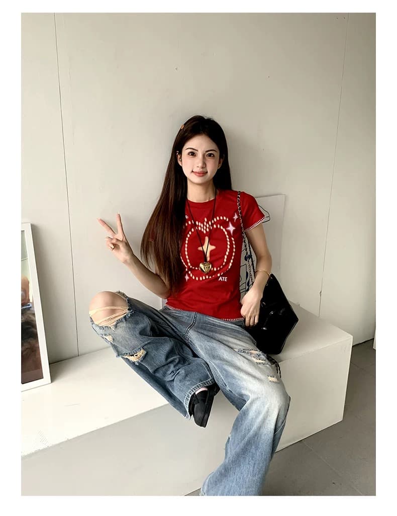 한 부서 고급 센스 학원 스타일 초승달 모양의 자수 공예 아메리칸 빨간색 창의성 프린트 반팔 티셔츠 여성 여름 맨위 상세 이미지 4