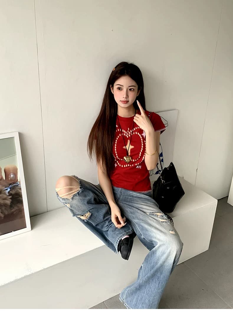 한 부서 고급 센스 학원 스타일 초승달 모양의 자수 공예 아메리칸 빨간색 창의성 프린트 반팔 티셔츠 여성 여름 맨위 상세 이미지 5