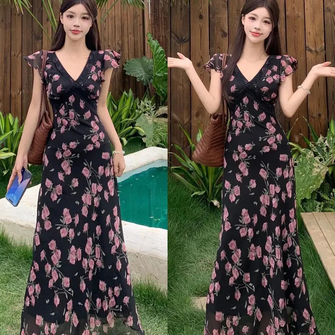 검정색 2026 허리 수축 품격 프랑스식 여름 새로운 작은 날다 소매 우아함 슬림해 보이는 고급 드레스 꽃무늬 롱 스커트 이미지 5
