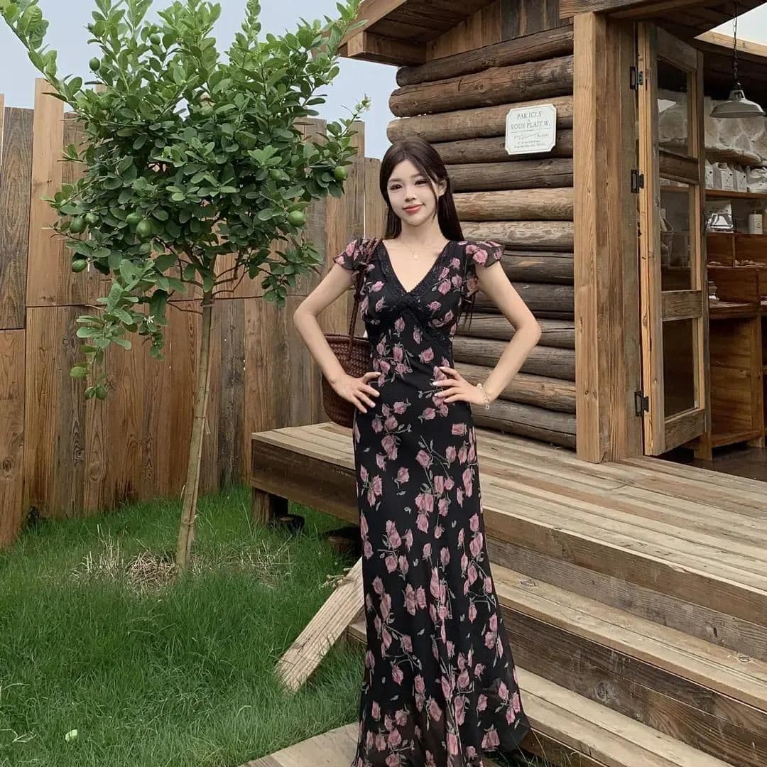 검정색 2026 허리 수축 품격 프랑스식 여름 새로운 작은 날다 소매 우아함 슬림해 보이는 고급 드레스 꽃무늬 롱 스커트 상세 이미지 7
