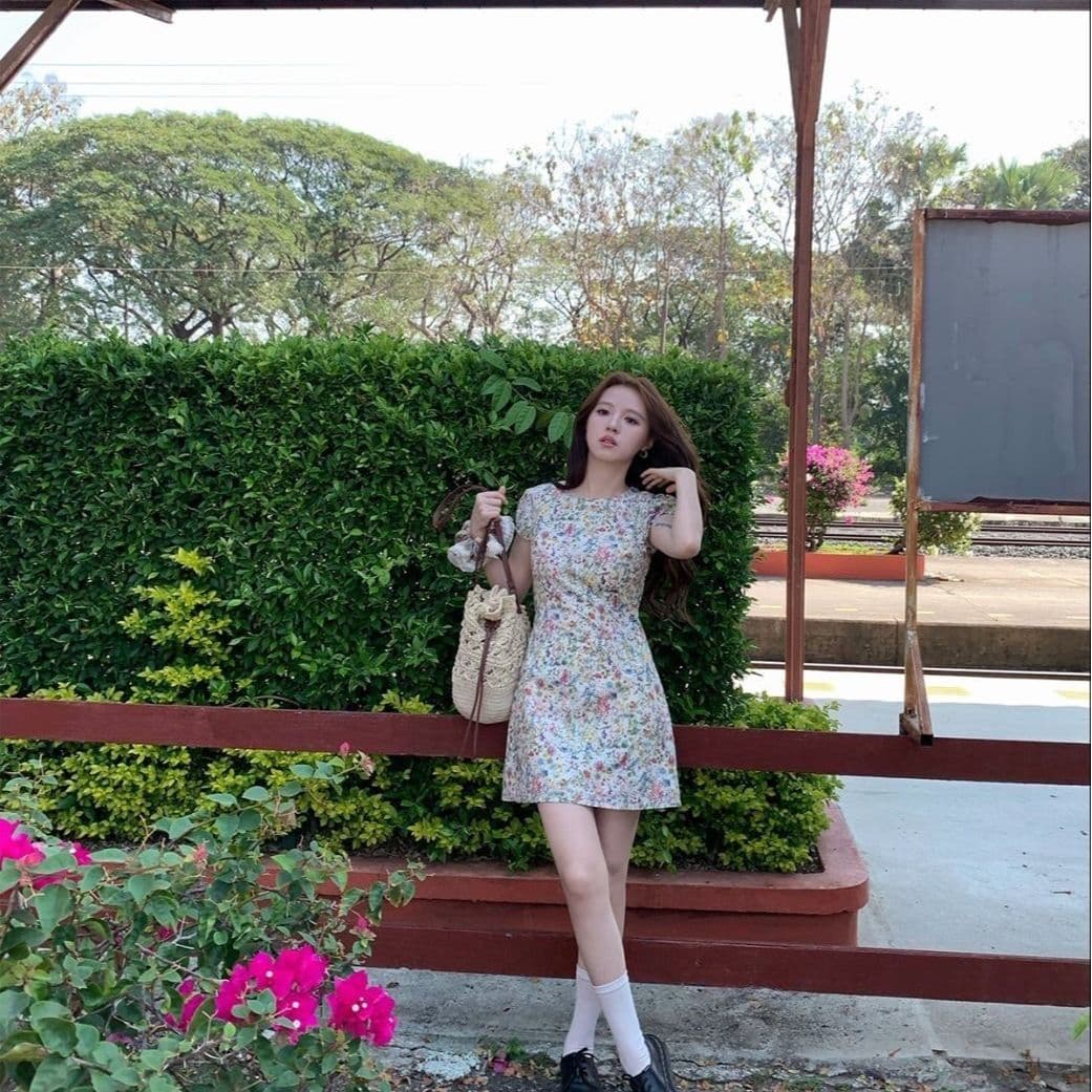 모네 꽃 편지 반팔 꽃무늬 여성 드레스 여름 라운드 넥 길다 쇼트 스타일 몸매 가꾸기 허리 수축 치마 이미지 2