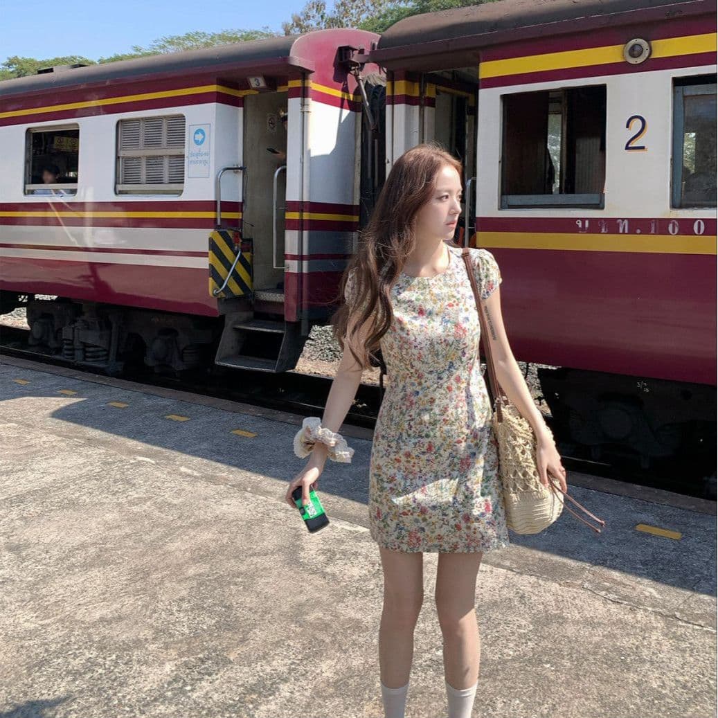 모네 꽃 편지 반팔 꽃무늬 여성 드레스 여름 라운드 넥 길다 쇼트 스타일 몸매 가꾸기 허리 수축 치마 이미지 4