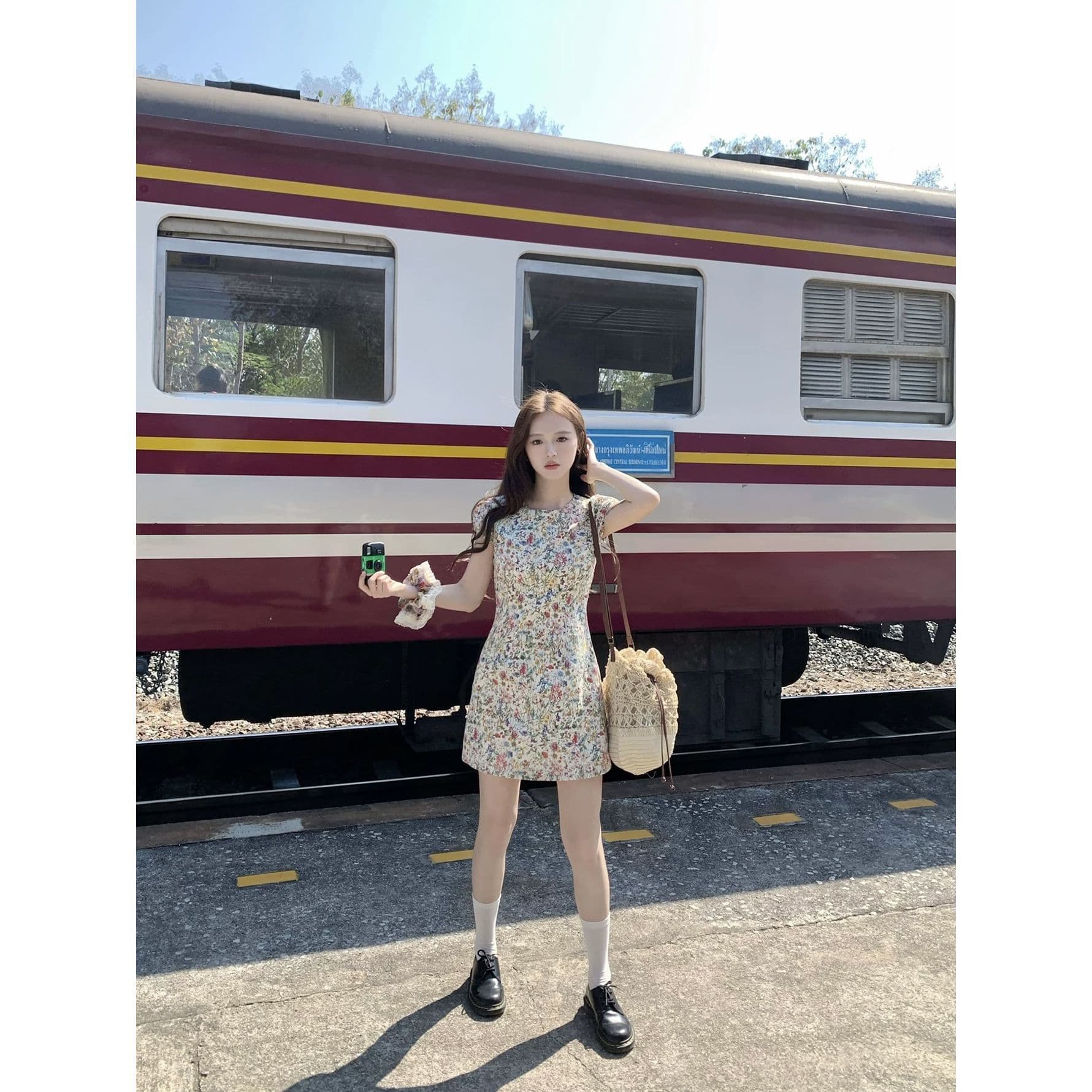 모네 꽃 편지 반팔 꽃무늬 여성 드레스 여름 라운드 넥 길다 쇼트 스타일 몸매 가꾸기 허리 수축 치마 이미지 5
