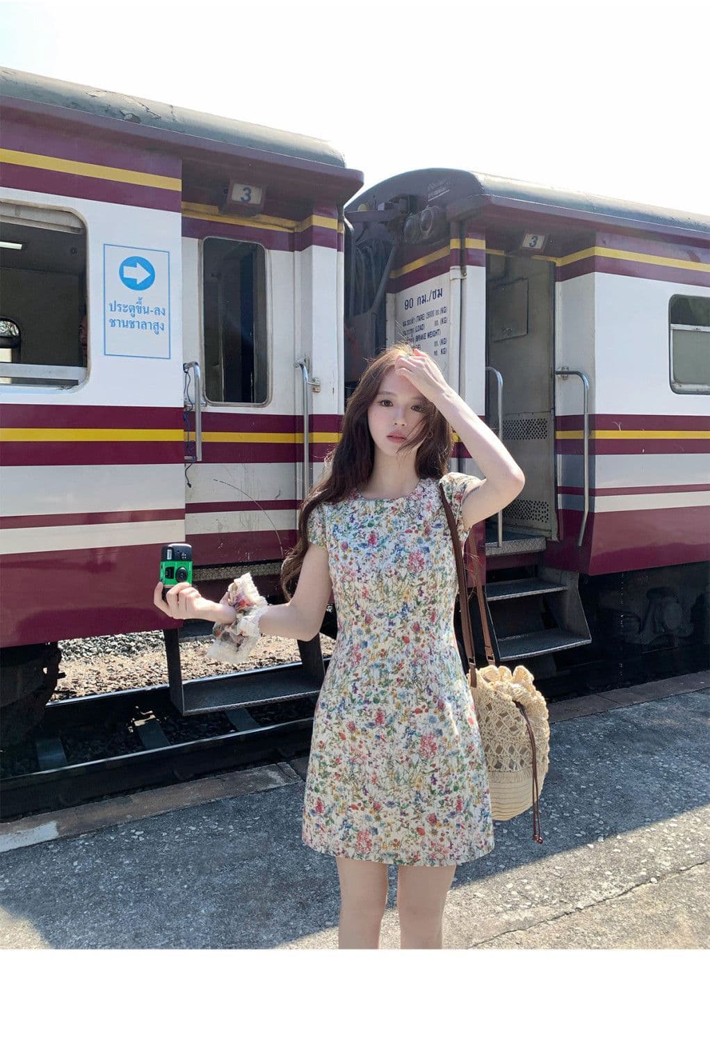 모네 꽃 편지 반팔 꽃무늬 여성 드레스 여름 라운드 넥 길다 쇼트 스타일 몸매 가꾸기 허리 수축 치마 상세 이미지 3