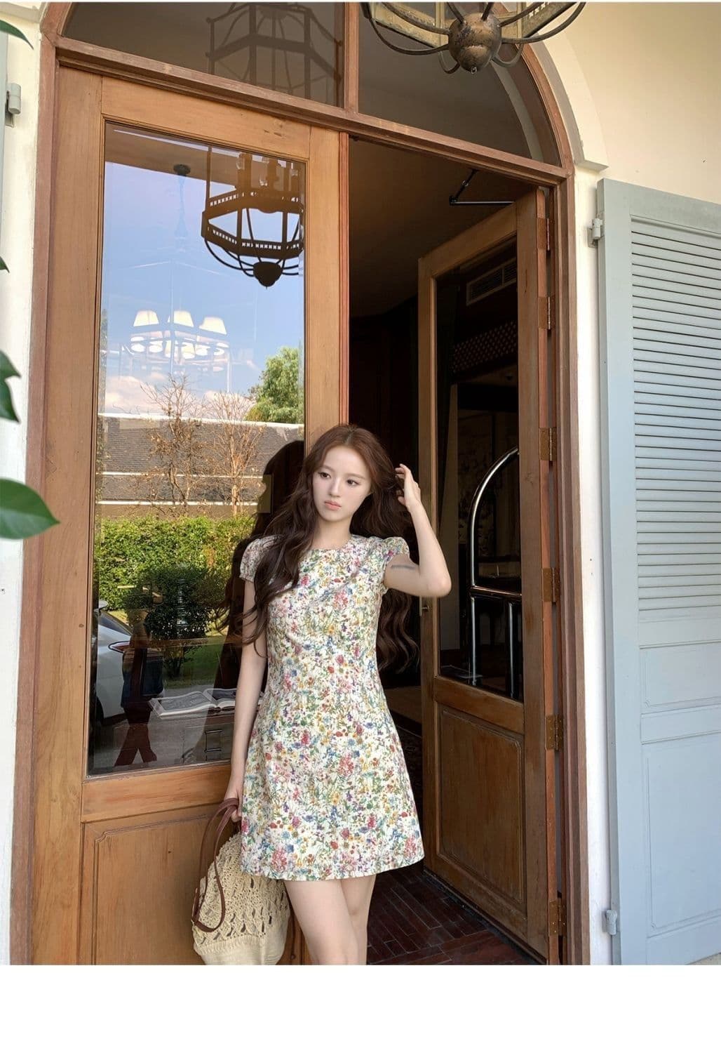 모네 꽃 편지 반팔 꽃무늬 여성 드레스 여름 라운드 넥 길다 쇼트 스타일 몸매 가꾸기 허리 수축 치마 상세 이미지 4