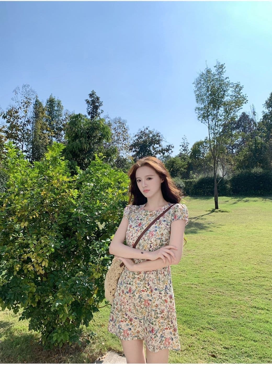 모네 꽃 편지 반팔 꽃무늬 여성 드레스 여름 라운드 넥 길다 쇼트 스타일 몸매 가꾸기 허리 수축 치마 상세 이미지 5