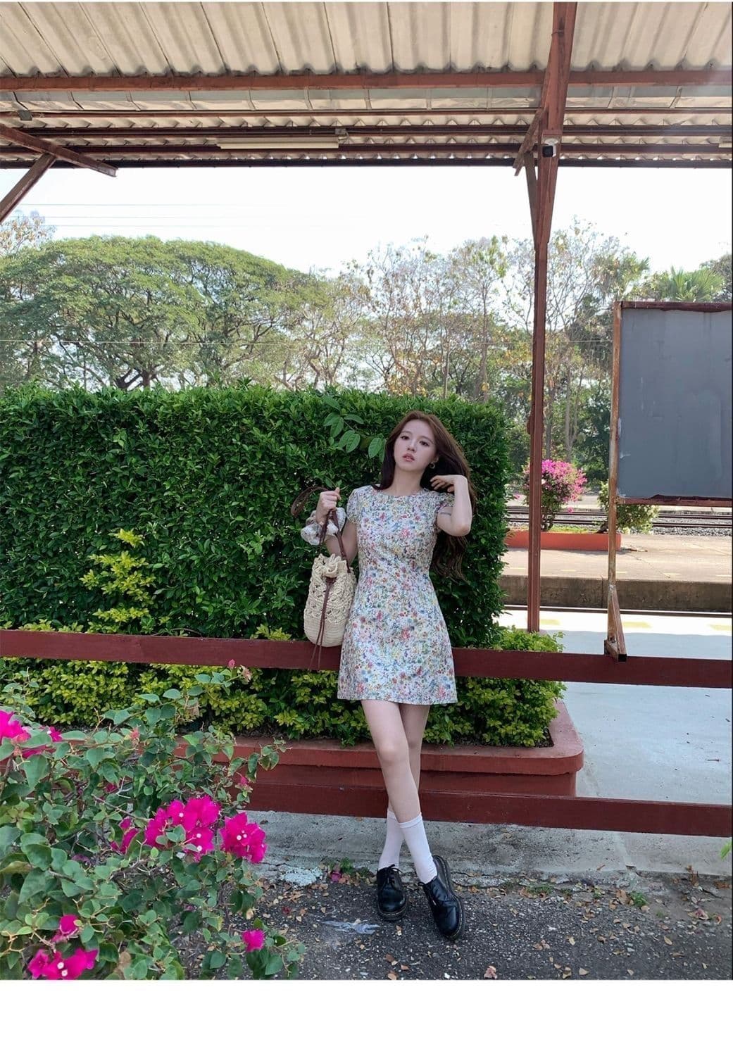 모네 꽃 편지 반팔 꽃무늬 여성 드레스 여름 라운드 넥 길다 쇼트 스타일 몸매 가꾸기 허리 수축 치마 상세 이미지 6
