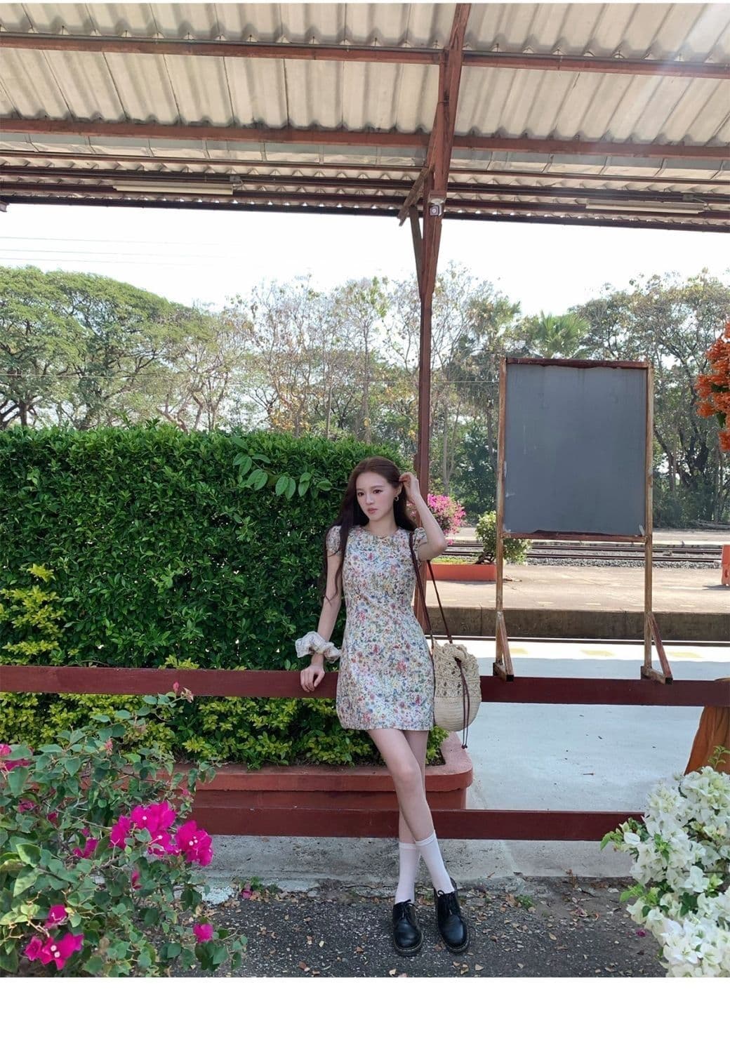모네 꽃 편지 반팔 꽃무늬 여성 드레스 여름 라운드 넥 길다 쇼트 스타일 몸매 가꾸기 허리 수축 치마 상세 이미지 7