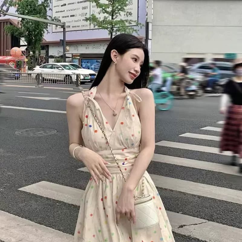프랑스식 달콤한 스타일 색상 도트 무늬 행침 목 미니 스커트 레트로 품격 고급 센스 허리 수축 슬림해 보이는 살구 색상 점프 슈트 치마 이미지 5