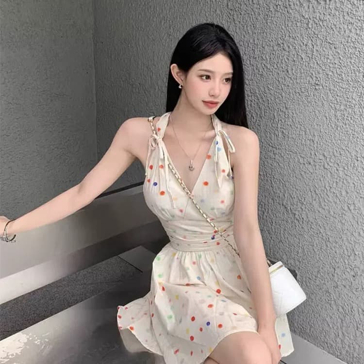 프랑스식 달콤한 스타일 색상 도트 무늬 행침 목 미니 스커트 레트로 품격 고급 센스 허리 수축 슬림해 보이는 살구 색상 점프 슈트 치마 이미지 3