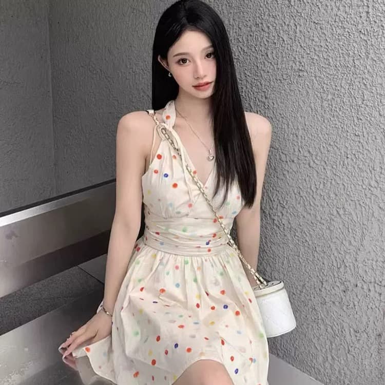 프랑스식 달콤한 스타일 색상 도트 무늬 행침 목 미니 스커트 레트로 품격 고급 센스 허리 수축 슬림해 보이는 살구 색상 점프 슈트 치마