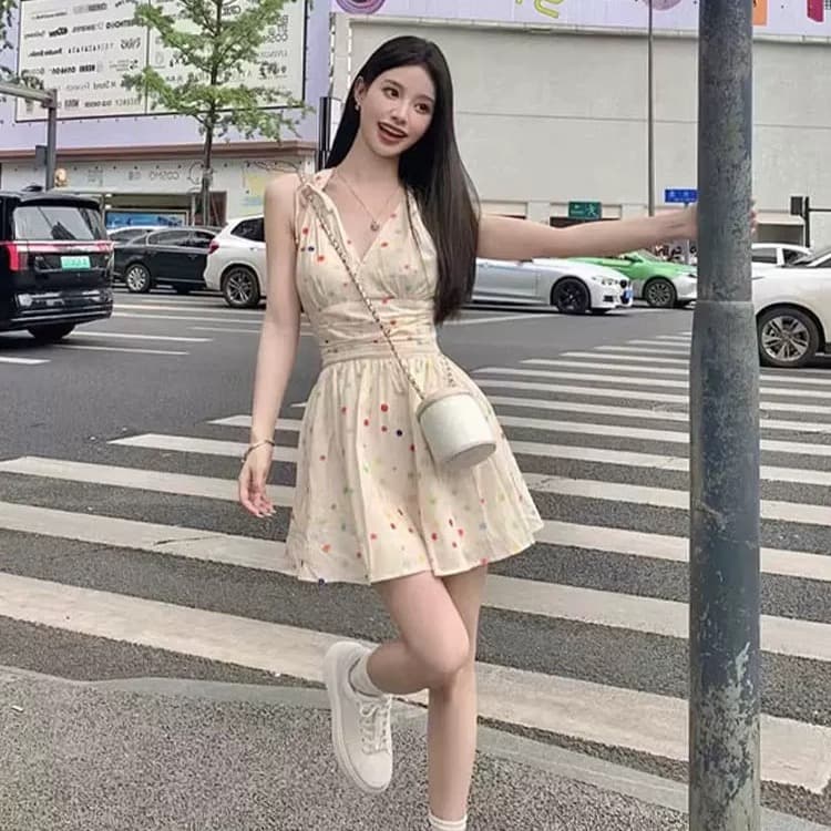 프랑스식 달콤한 스타일 색상 도트 무늬 행침 목 미니 스커트 레트로 품격 고급 센스 허리 수축 슬림해 보이는 살구 색상 점프 슈트 치마 이미지 2