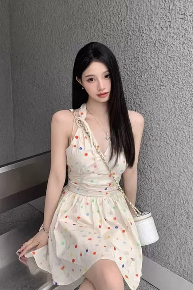 프랑스식 달콤한 스타일 색상 도트 무늬 행침 목 미니 스커트 레트로 품격 고급 센스 허리 수축 슬림해 보이는 살구 색상 점프 슈트 치마 이미지 6