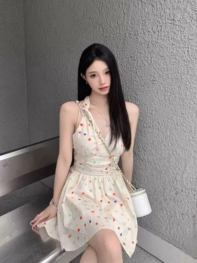프랑스식 달콤한 스타일 색상 도트 무늬 행침 목 미니 스커트 레트로 품격 고급 센스 허리 수축 슬림해 보이는 살구 색상 점프 슈트 치마 상세 이미지 2
