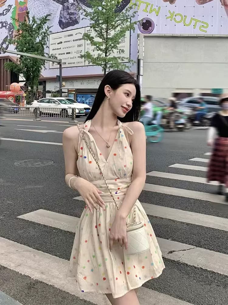 프랑스식 달콤한 스타일 색상 도트 무늬 행침 목 미니 스커트 레트로 품격 고급 센스 허리 수축 슬림해 보이는 살구 색상 점프 슈트 치마 상세 이미지 3