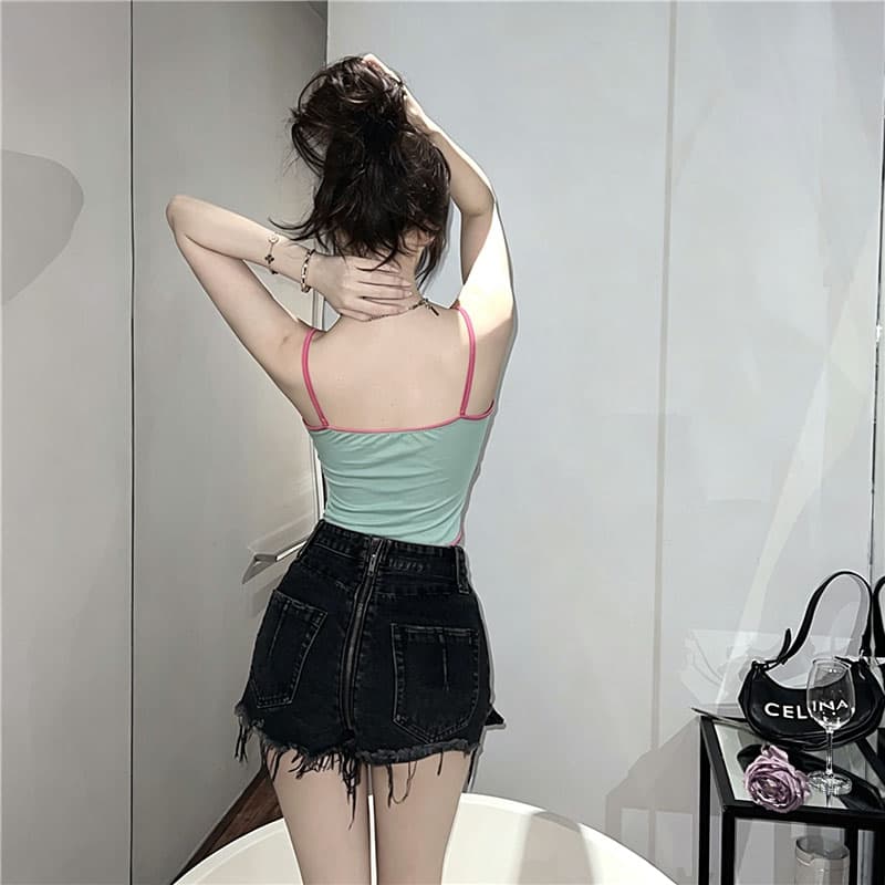 여름 새로운 하트 프린트 패치워크 배색 조끼 귀여운 챠밍 섹시함 휴가 바람 망사 슬립 여성 이미지 3