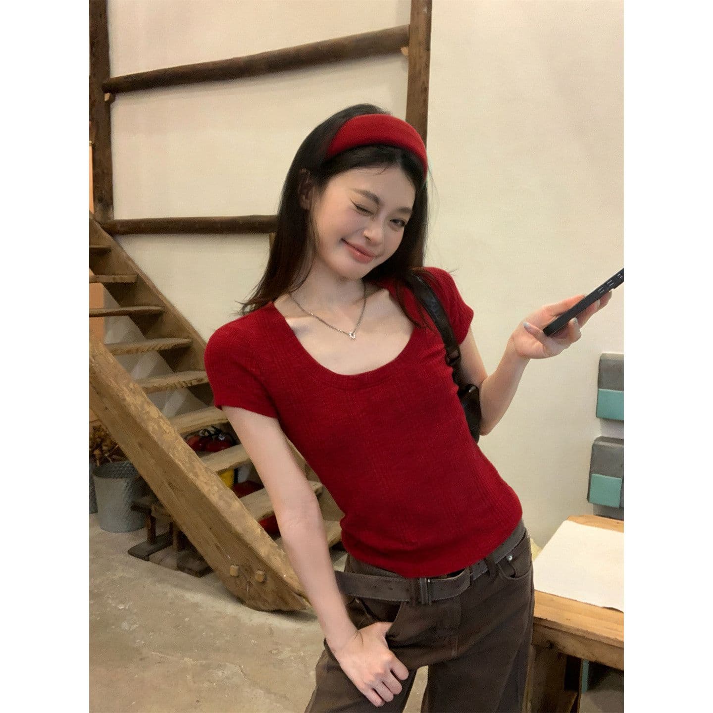 대나무 마디 면 파란색 반팔 티셔츠 여성 여름 한 부서 긍정적 인 어깨 쇼트 스타일 몸매 가꾸기 도파민 작은 맨위 상세 이미지 3