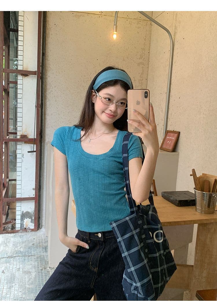대나무 마디 면 파란색 반팔 티셔츠 여성 여름 한 부서 긍정적 인 어깨 쇼트 스타일 몸매 가꾸기 도파민 작은 맨위 상세 이미지 5