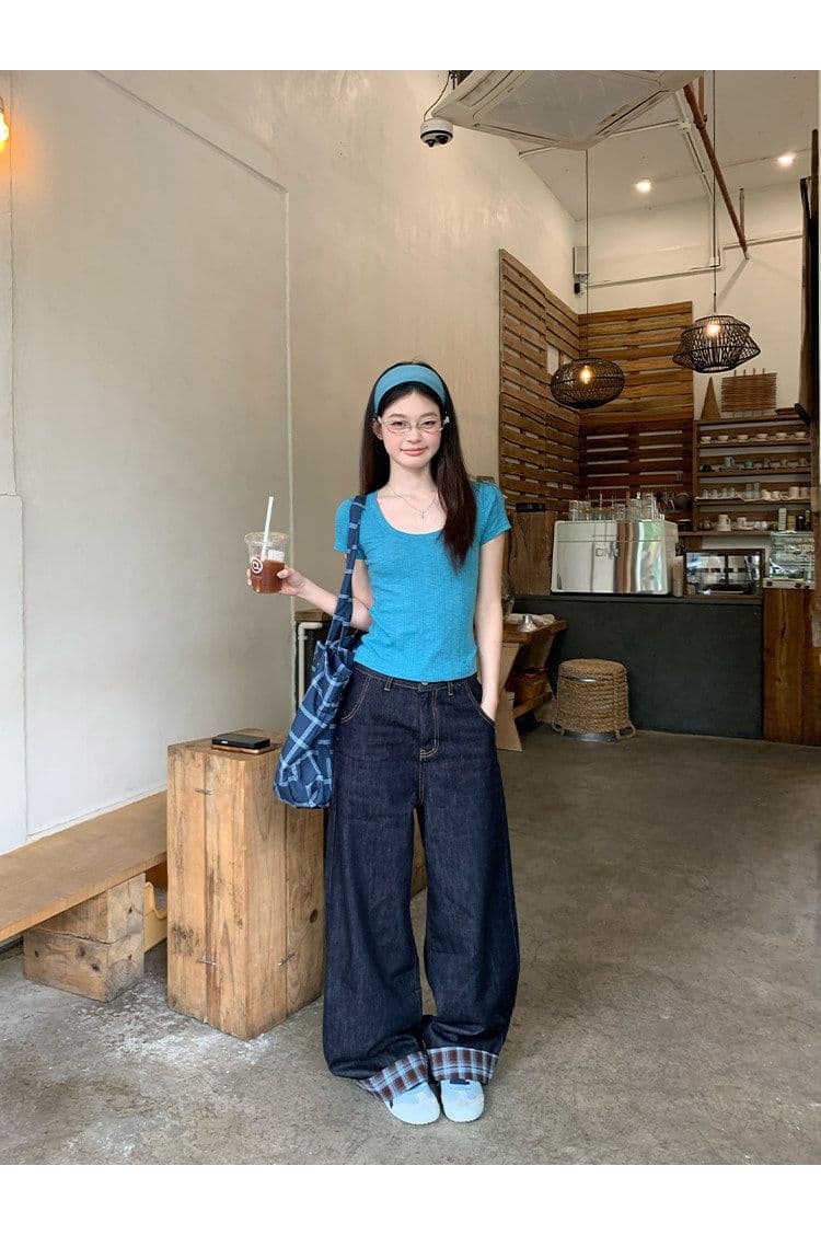 대나무 마디 면 파란색 반팔 티셔츠 여성 여름 한 부서 긍정적 인 어깨 쇼트 스타일 몸매 가꾸기 도파민 작은 맨위 상세 이미지 6