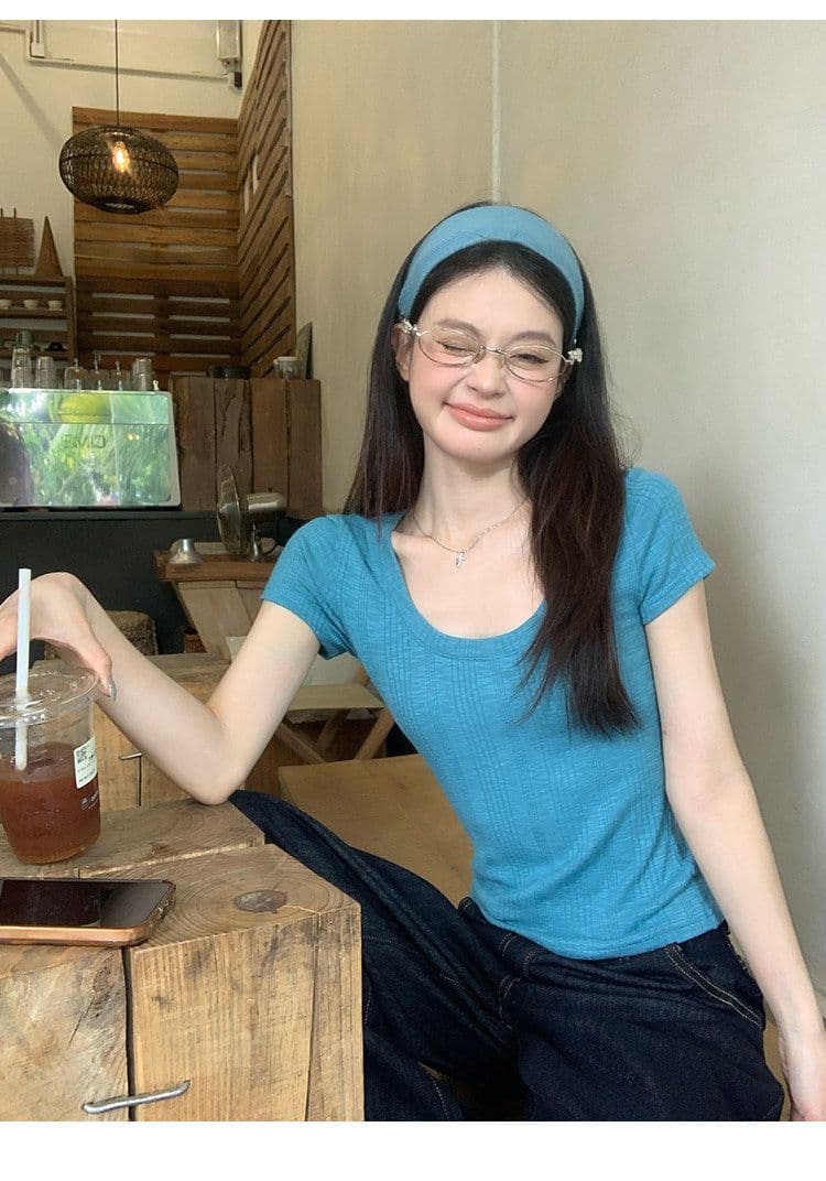 대나무 마디 면 파란색 반팔 티셔츠 여성 여름 한 부서 긍정적 인 어깨 쇼트 스타일 몸매 가꾸기 도파민 작은 맨위 상세 이미지 7